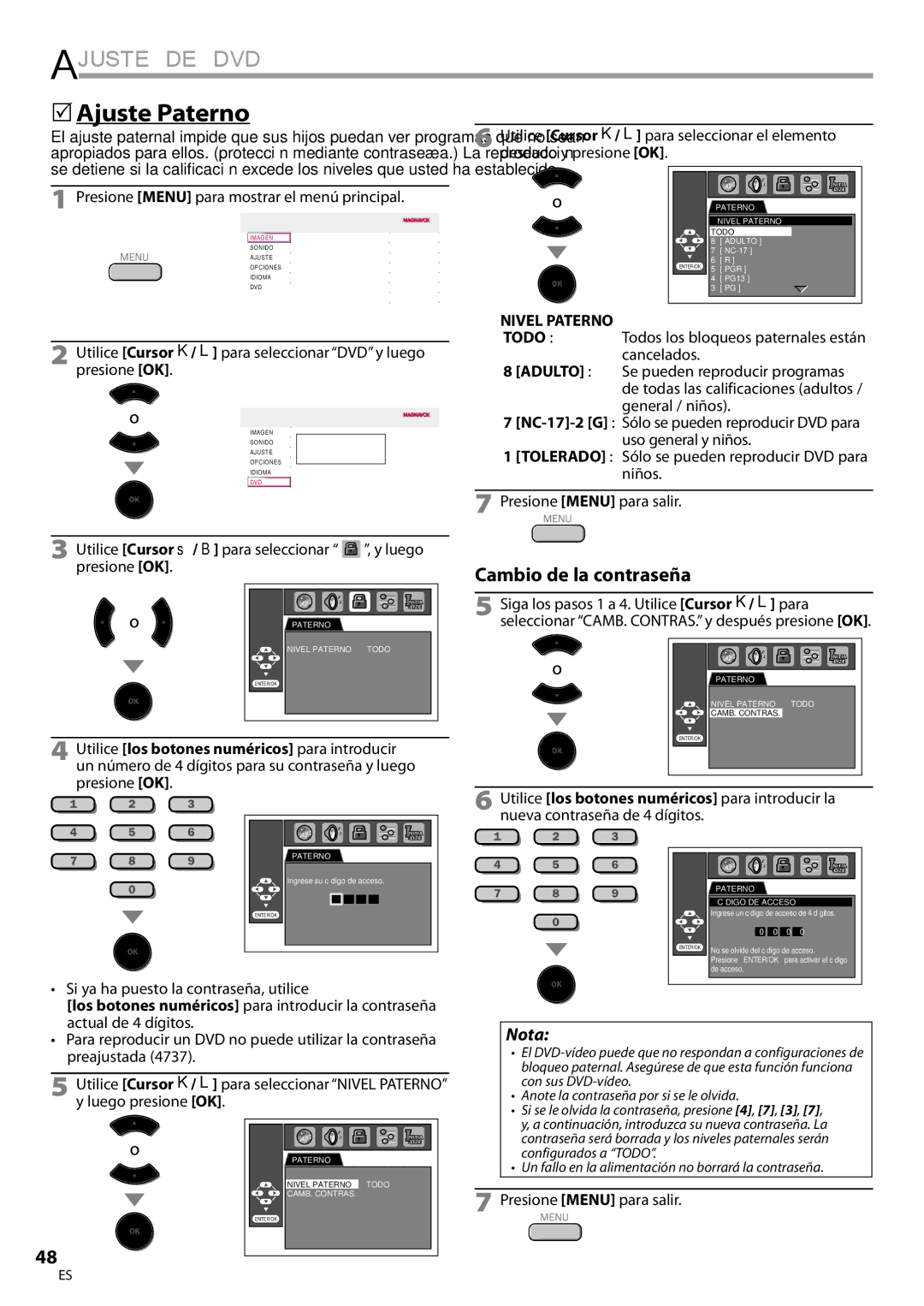 Magnavox 19MD359B user manual 5Ajuste Paterno, Si ya ha puesto la contraseña, utilice, Nivel Paterno 