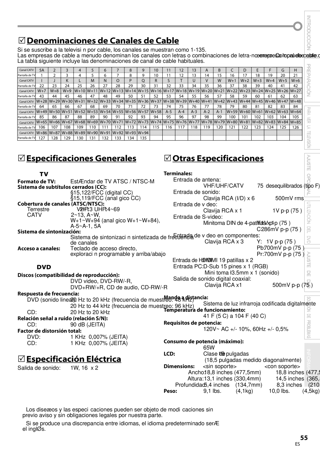 Magnavox 19MD359B user manual 5Denominaciones de Canales de Cable, 5Especificaciones Generales, 5Especificación Eléctrica 