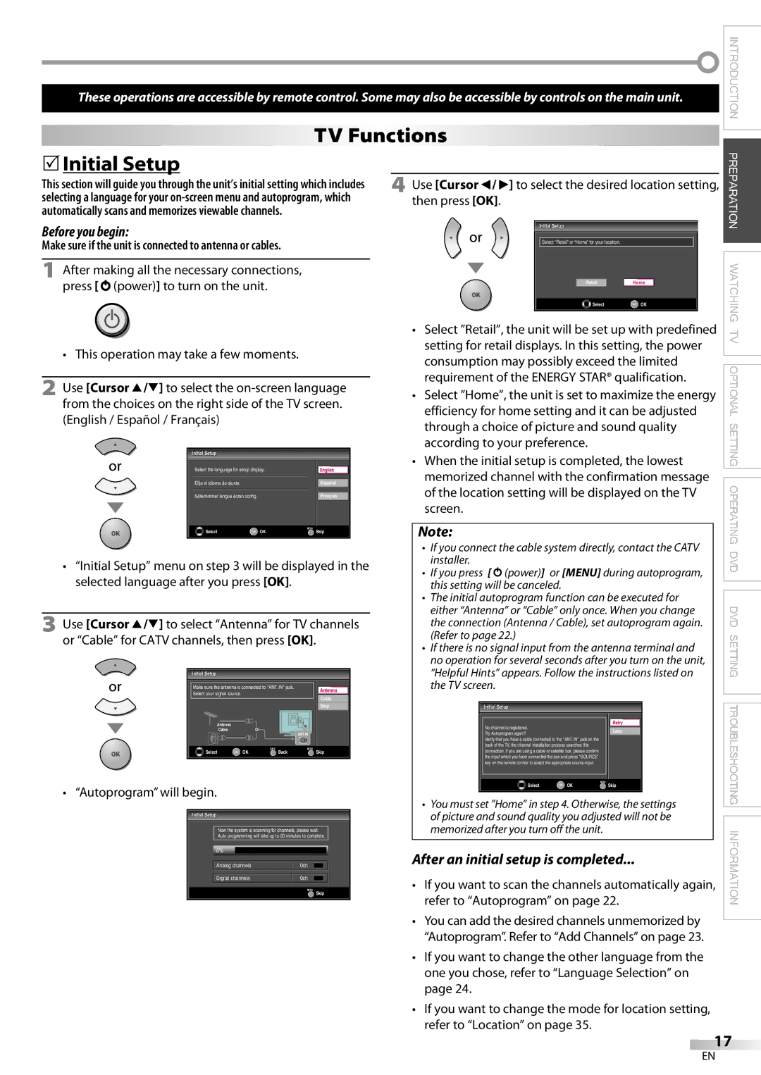 Magnavox 19MD359B user manual TV Functions 5Initial Setup, Before you begin, After an initial setup is completed 