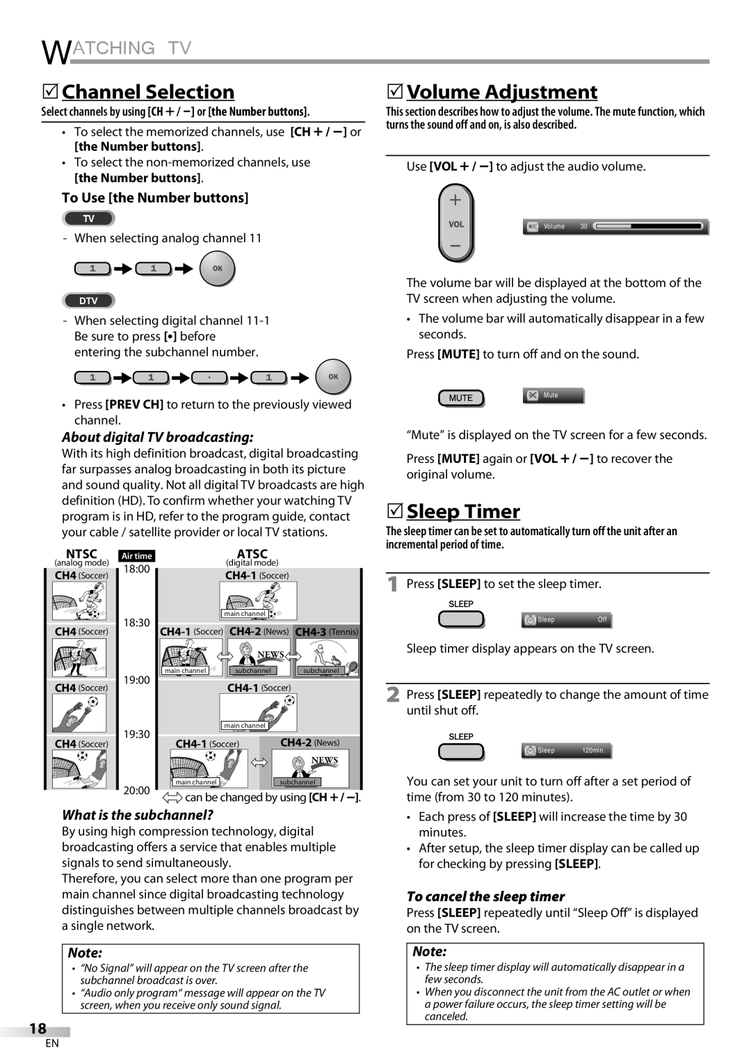 Magnavox 19MD359B user manual Watching TV, 5Channel Selection, 5Volume Adjustment, 5Sleep Timer 