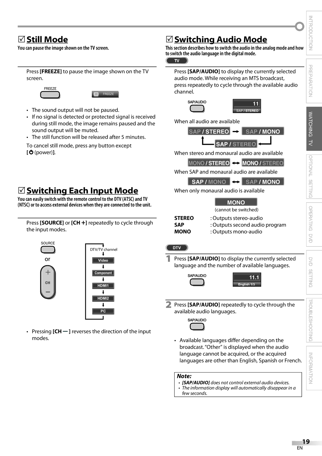 Magnavox 19MD359B user manual 5Still Mode, 5Switching Each Input Mode, 5Switching Audio Mode 