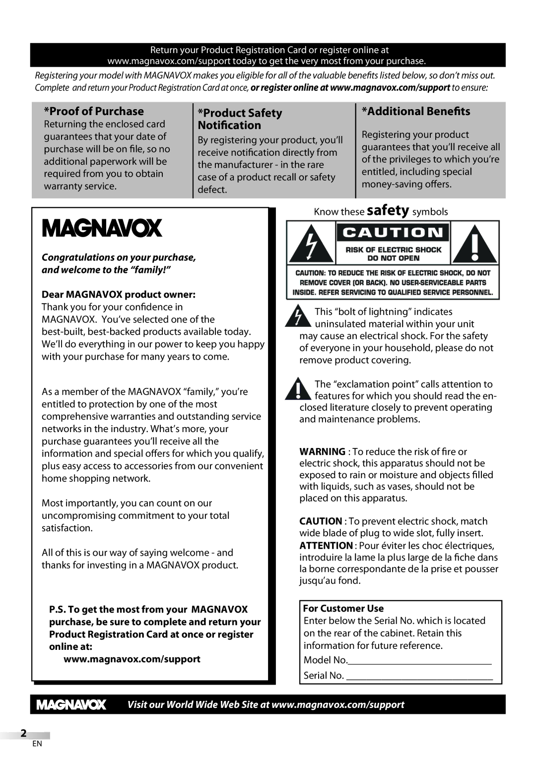 Magnavox 19MD359B user manual Notification, For Customer Use 