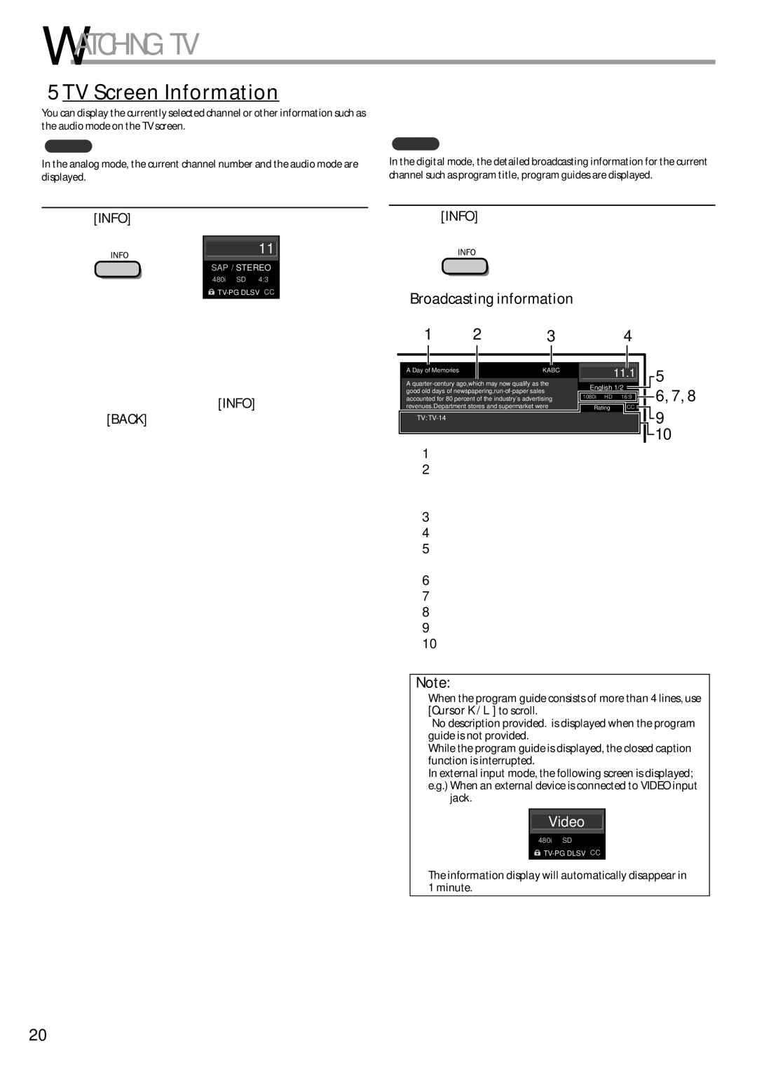 Magnavox 19MD359B user manual 5TV Screen Information, Broadcasting information, Press Info, Selected program 