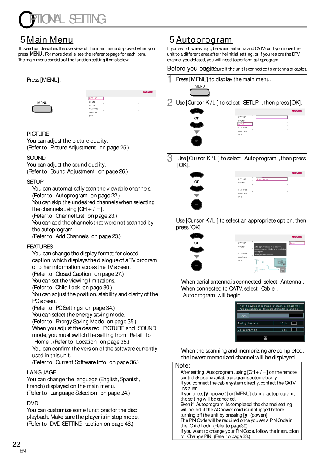 Magnavox 19MD359B user manual Optional Setting, 5Main Menu, Autoprogram 