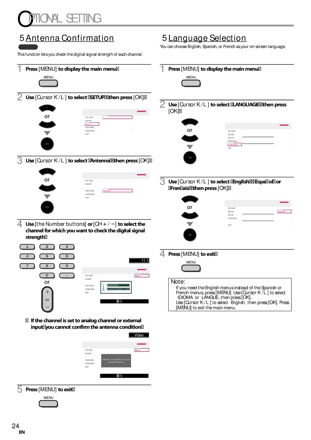 Magnavox 19MD359B user manual 5Antenna Confirmation, 5Language Selection, Use Cursor K/L to select Antenna, then press OK 