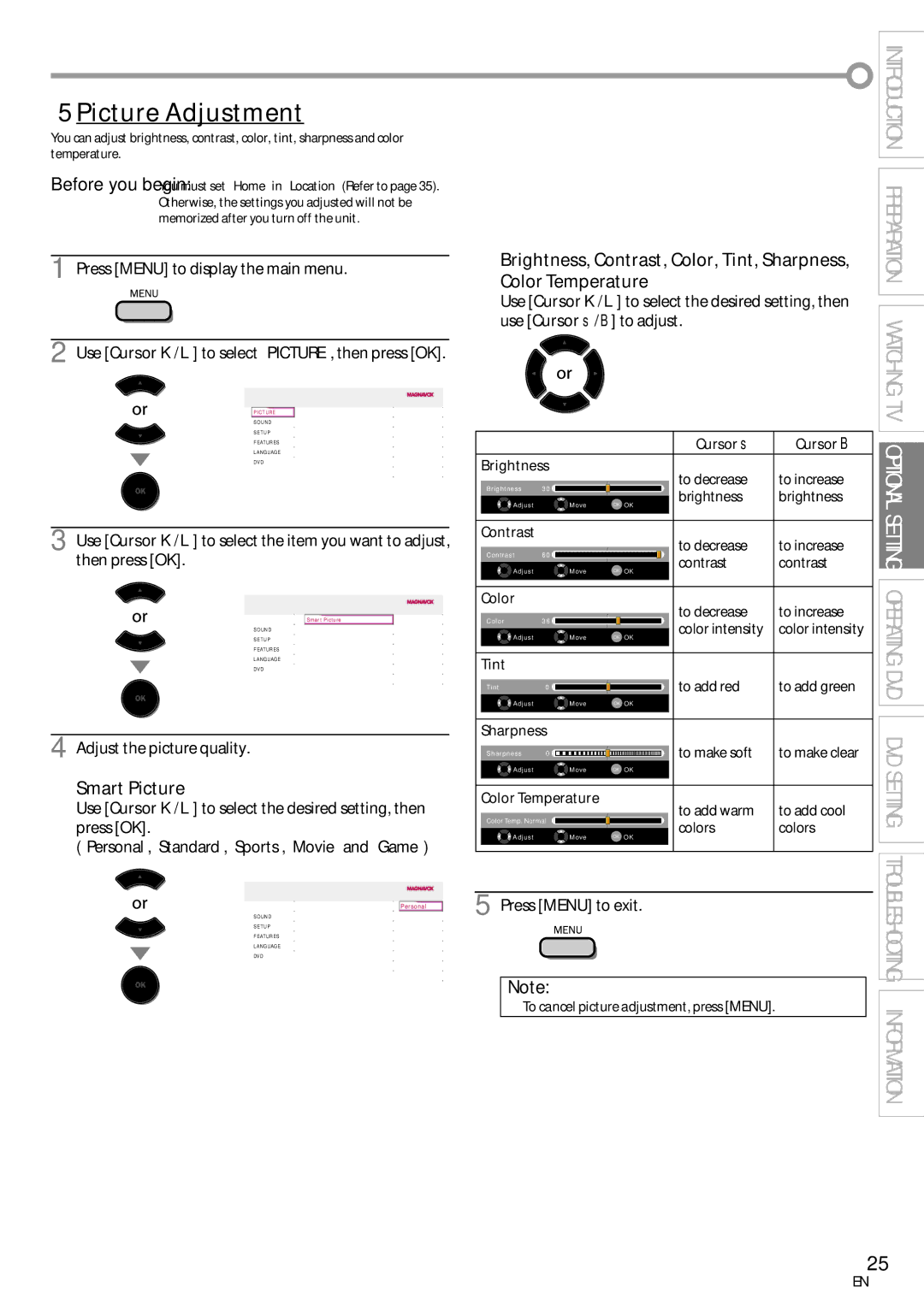 Magnavox 19MD359B user manual 5Picture Adjustment, Smart Picture, Adjust the picture quality 