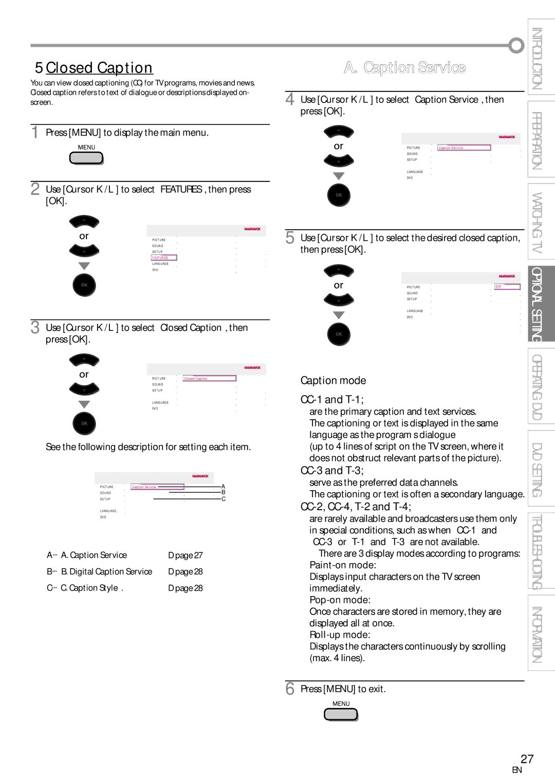 Magnavox 19MD359B user manual 5Closed Caption, Caption Service, Caption mode 