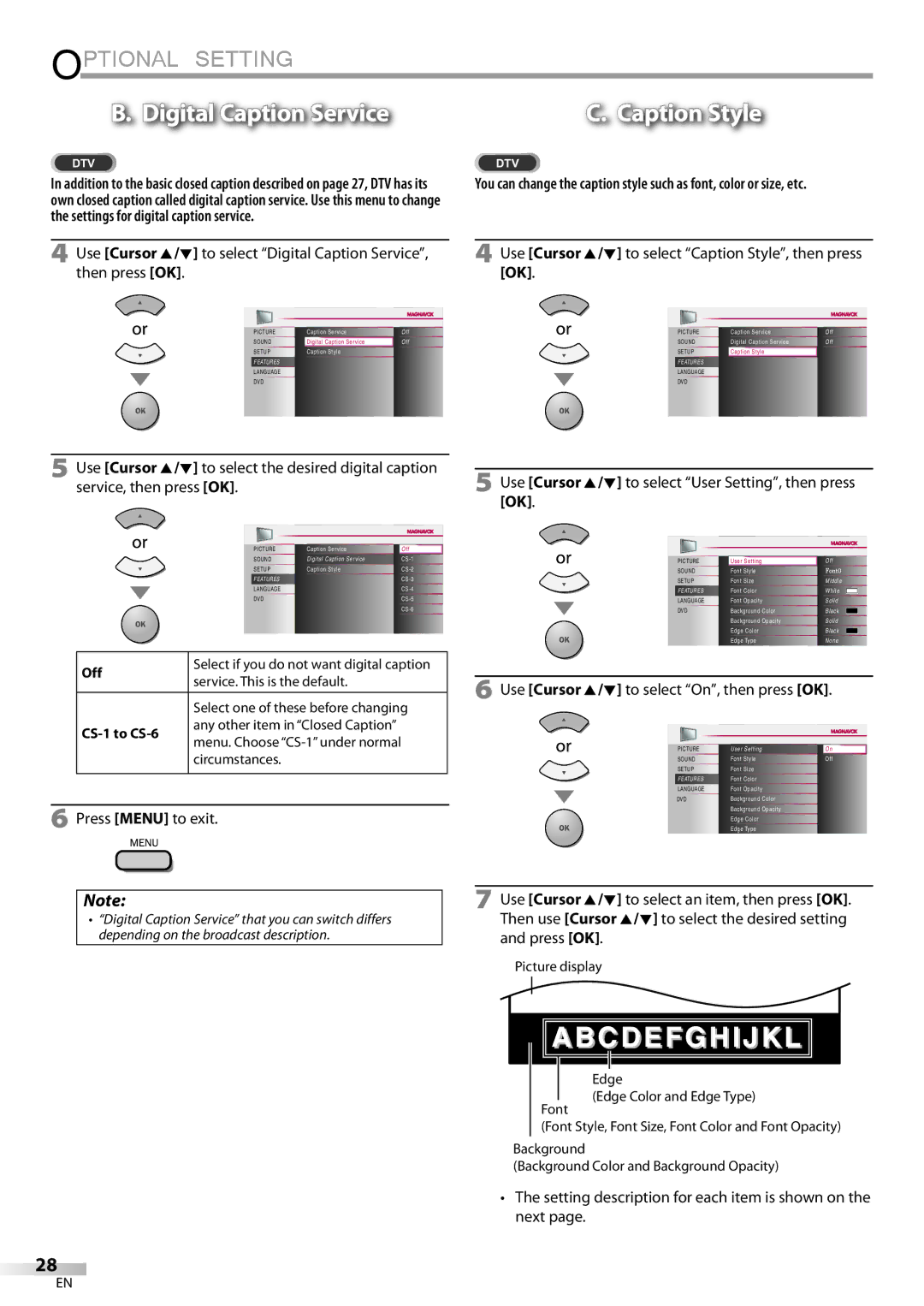 Magnavox 19MD359B user manual To select Digital Caption Service, Use Cursor K/L to select On, then press OK 