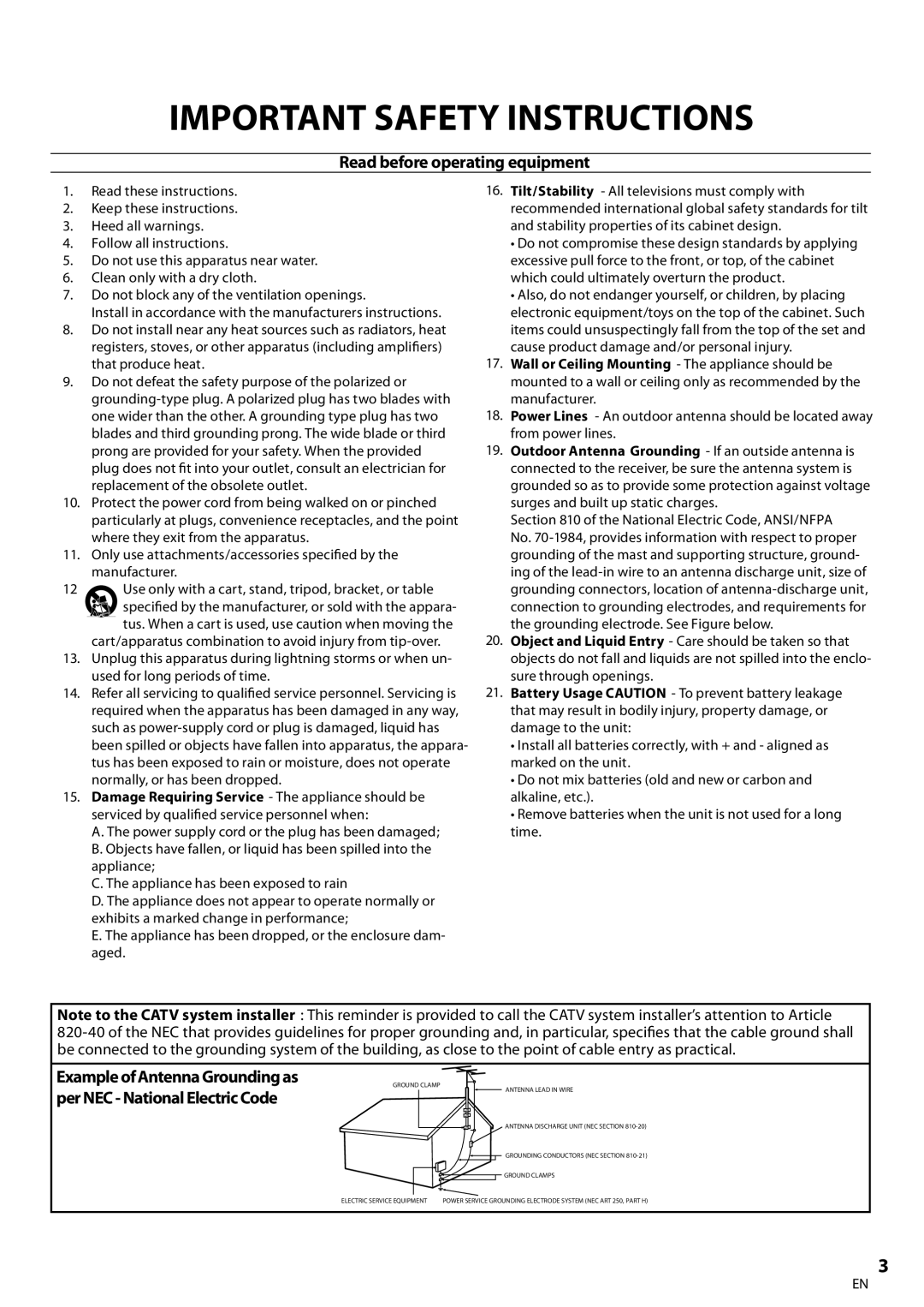 Magnavox 19MD359B user manual Important Safety Instructions, Read before operating equipment 