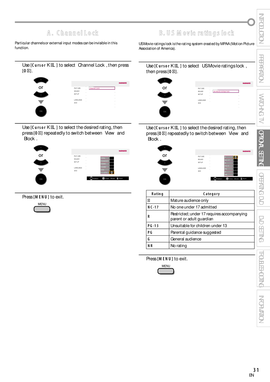 Magnavox 19MD359B user manual US Movie ratings lock, Use Cursor K/L to select Channel Lock, then press OK 