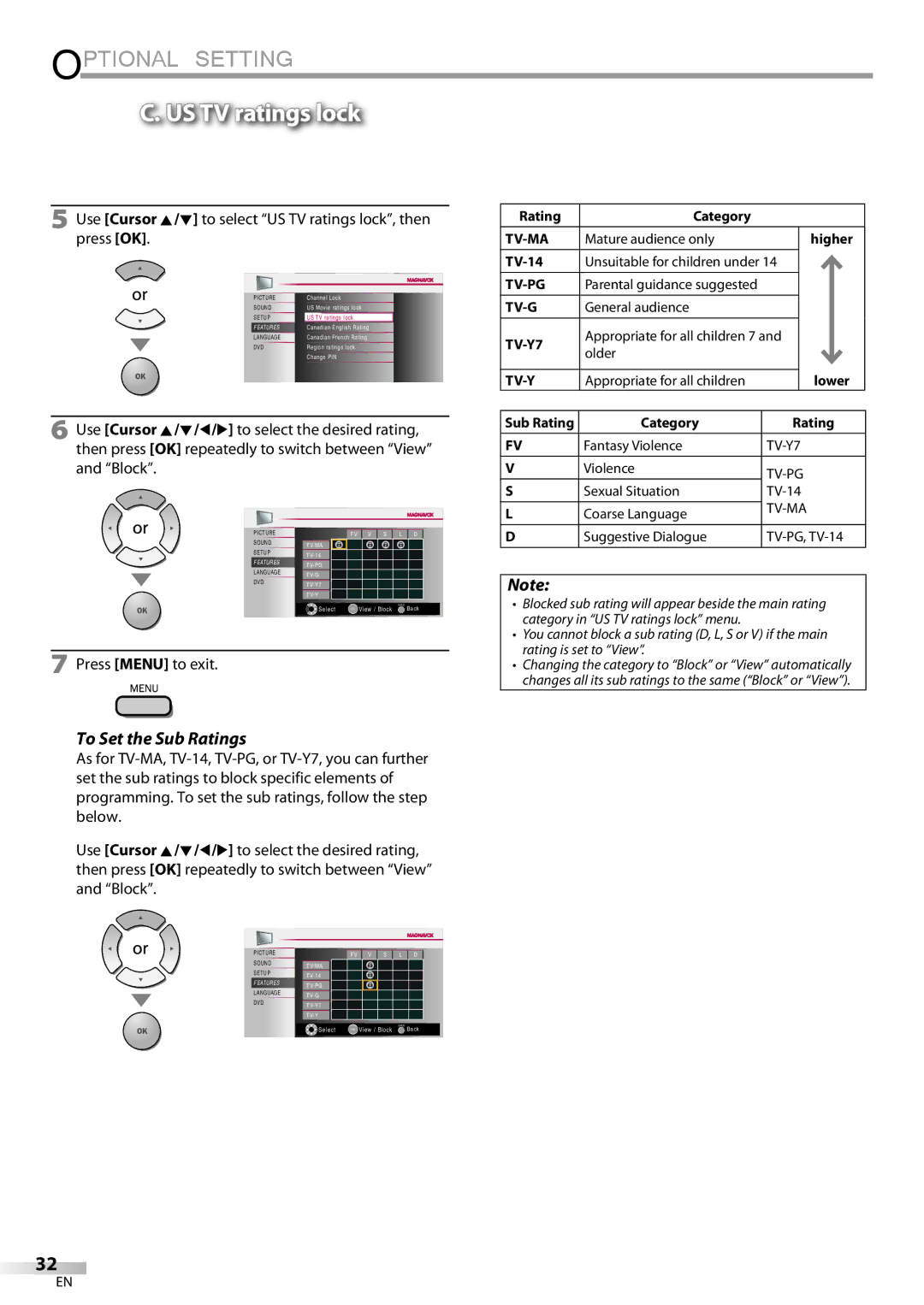 Magnavox 19MD359B user manual To Set the Sub Ratings, Use Cursor K/L to select US TV ratings lock, then press OK 