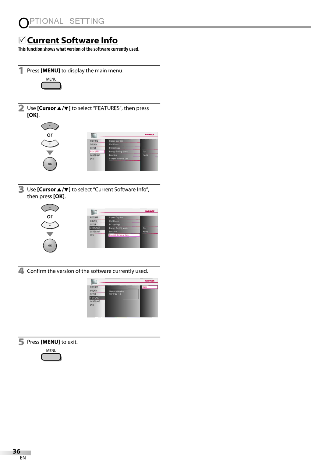 Magnavox 19MD359B user manual 5Current Software Info, Confirm the version of the software currently used 