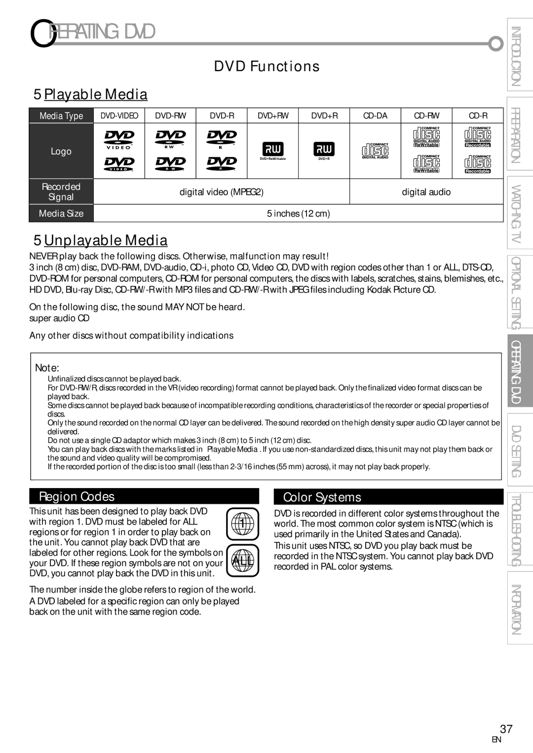 Magnavox 19MD359B user manual Operating DVD, DVD Functions 5Playable Media, 5Unplayable Media, Inches 12 cm 