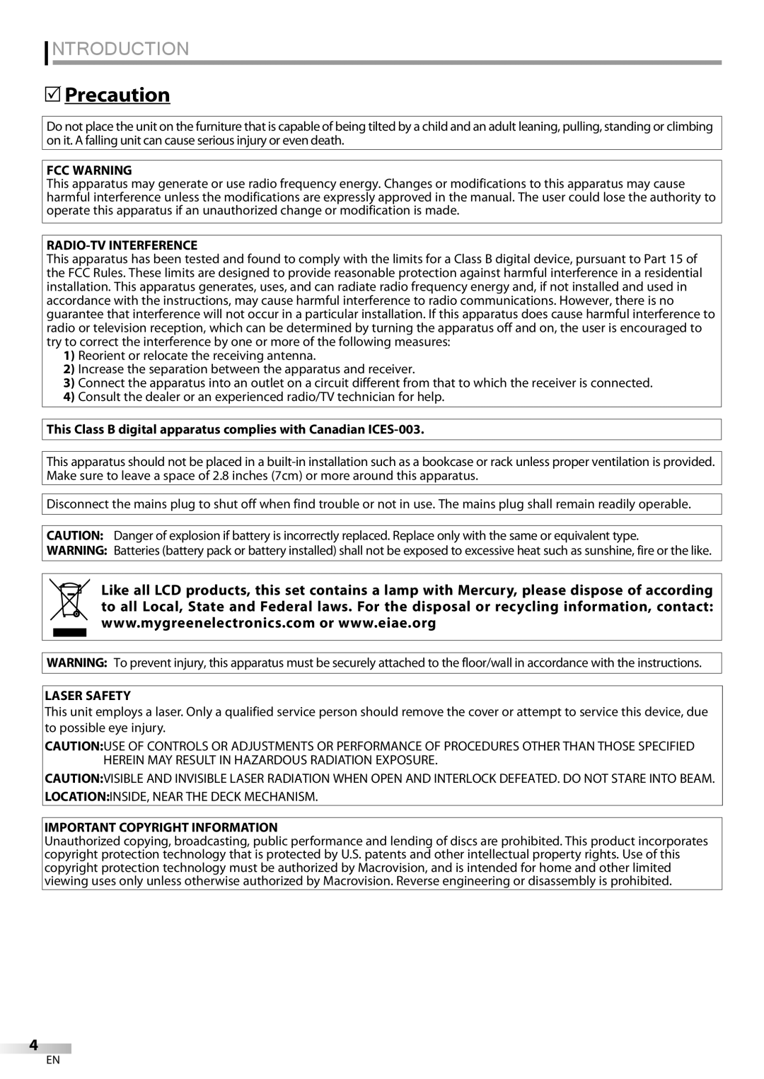 Magnavox 19MD359B user manual Introduction, Precaution 