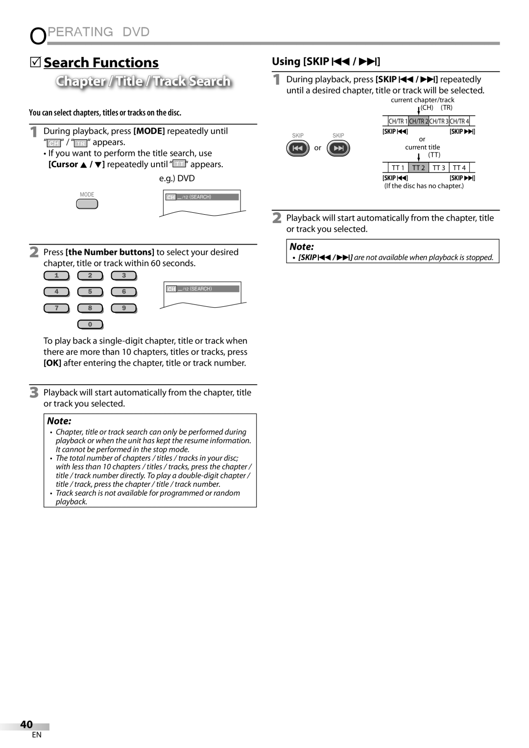 Magnavox 19MD359B 5Search Functions, Chapter / Title / Track Search, You can select chapters, titles or tracks on the disc 