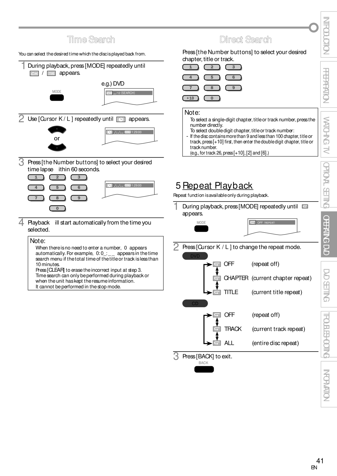 Magnavox 19MD359B user manual Time Search, Direct Search, 5Repeat Playback 