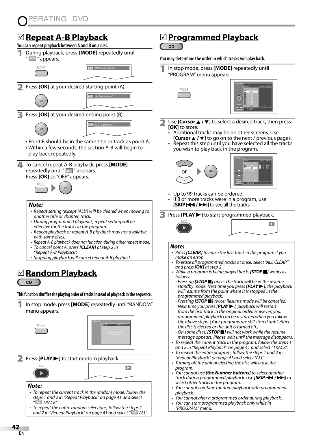 Magnavox 19MD359B user manual 5Repeat A-B Playback, 5Random Playback, You can repeat playback between a and B on a disc 