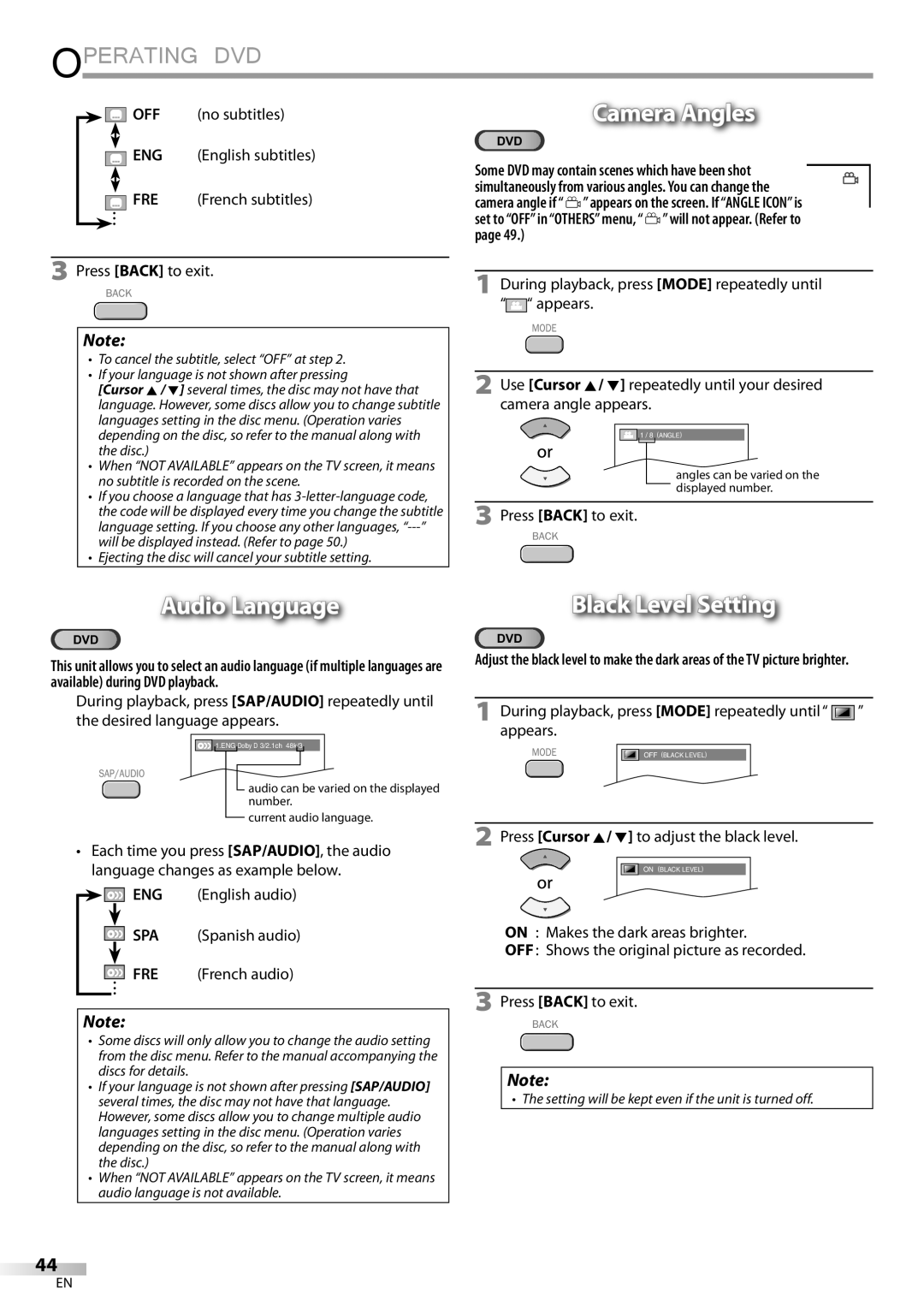 Magnavox 19MD359B Camera Angles, Audio Language, Black Level Setting, ENG English audio SPA Spanish audio FRE French audio 