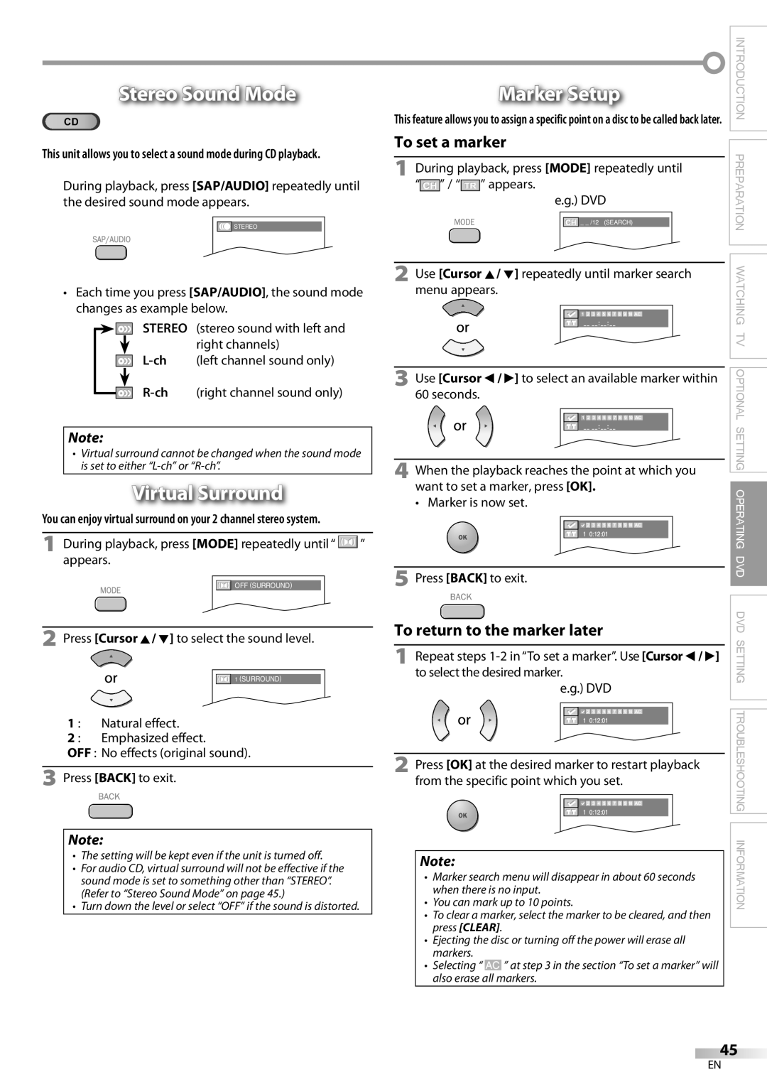 Magnavox 19MD359B user manual Stereo Sound Mode, Virtual Surround, Marker Setup 