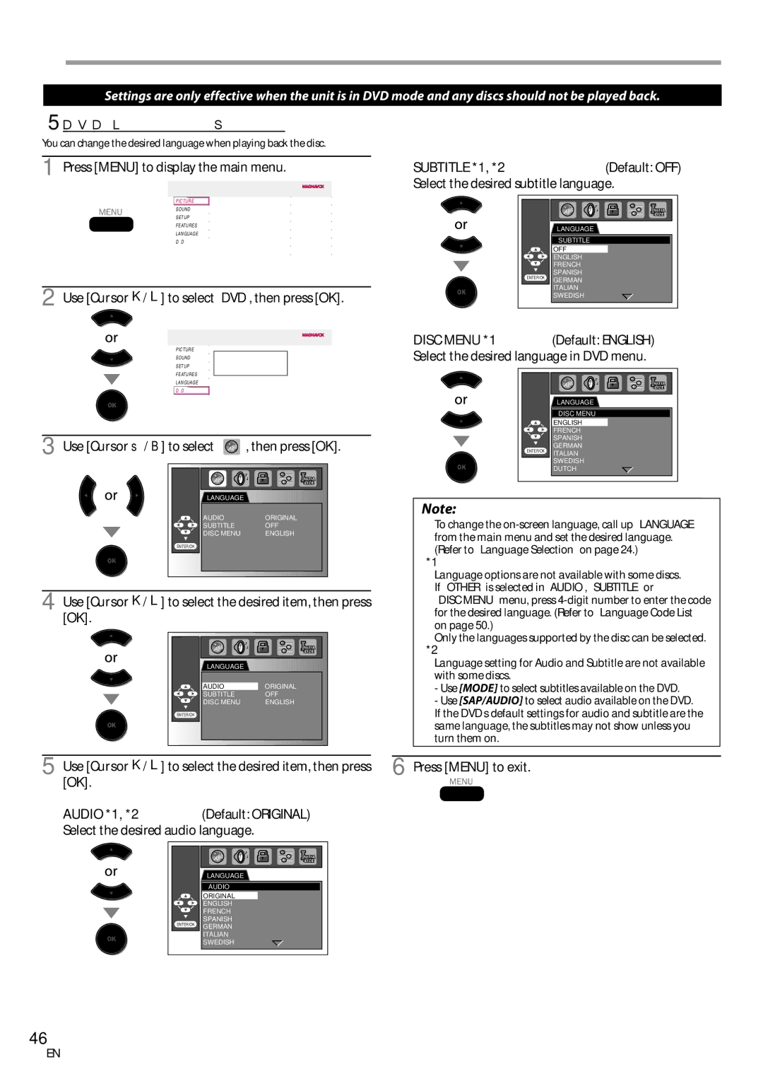 Magnavox 19MD359B user manual DVD Setting, 5DVD Language Setting, Subtitle *1, *2Default OFF 