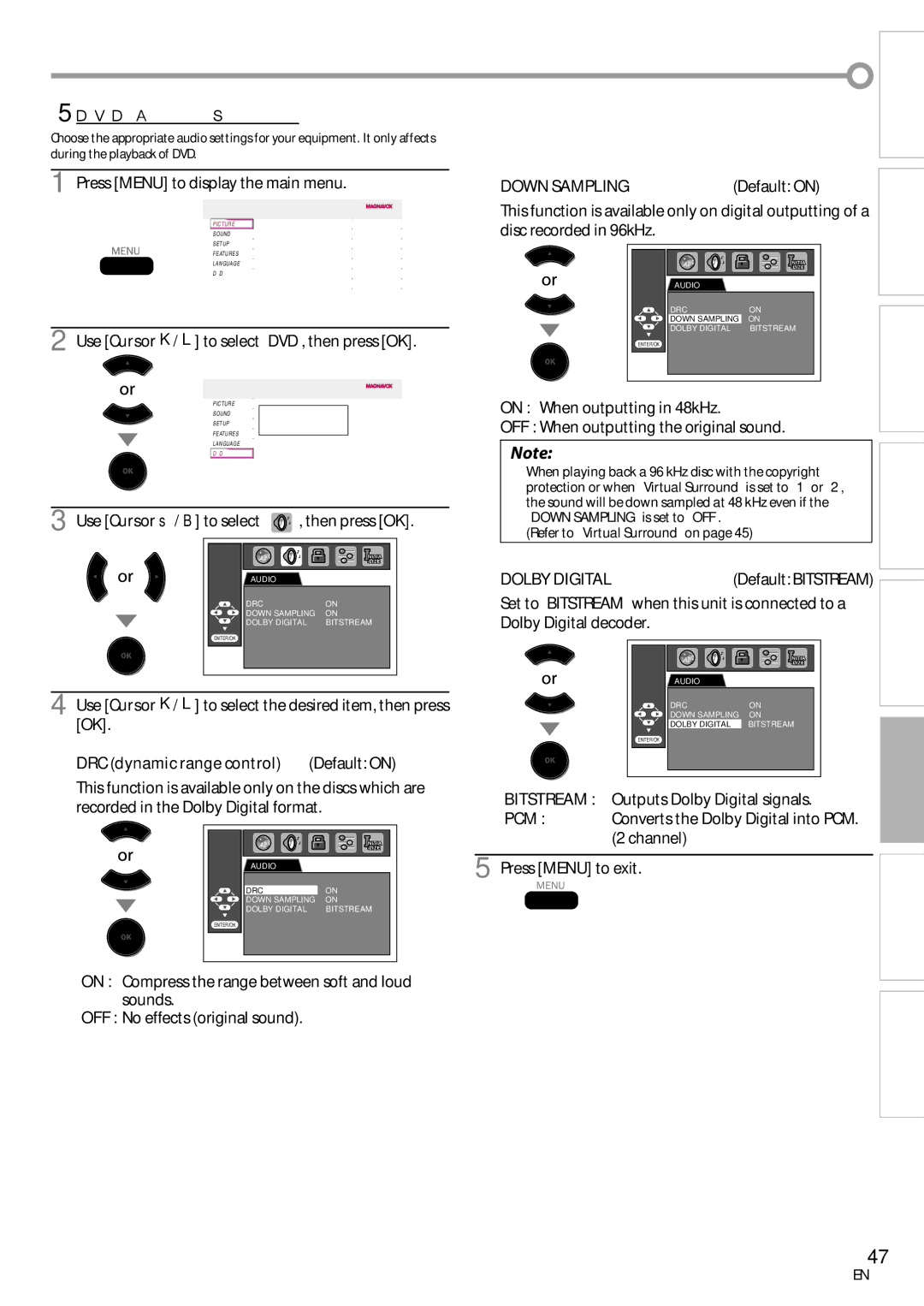 Magnavox 19MD359B user manual 5DVD Audio Setting, Default on, Down Sampling is set to OFF Refer to Virtual Surround on 