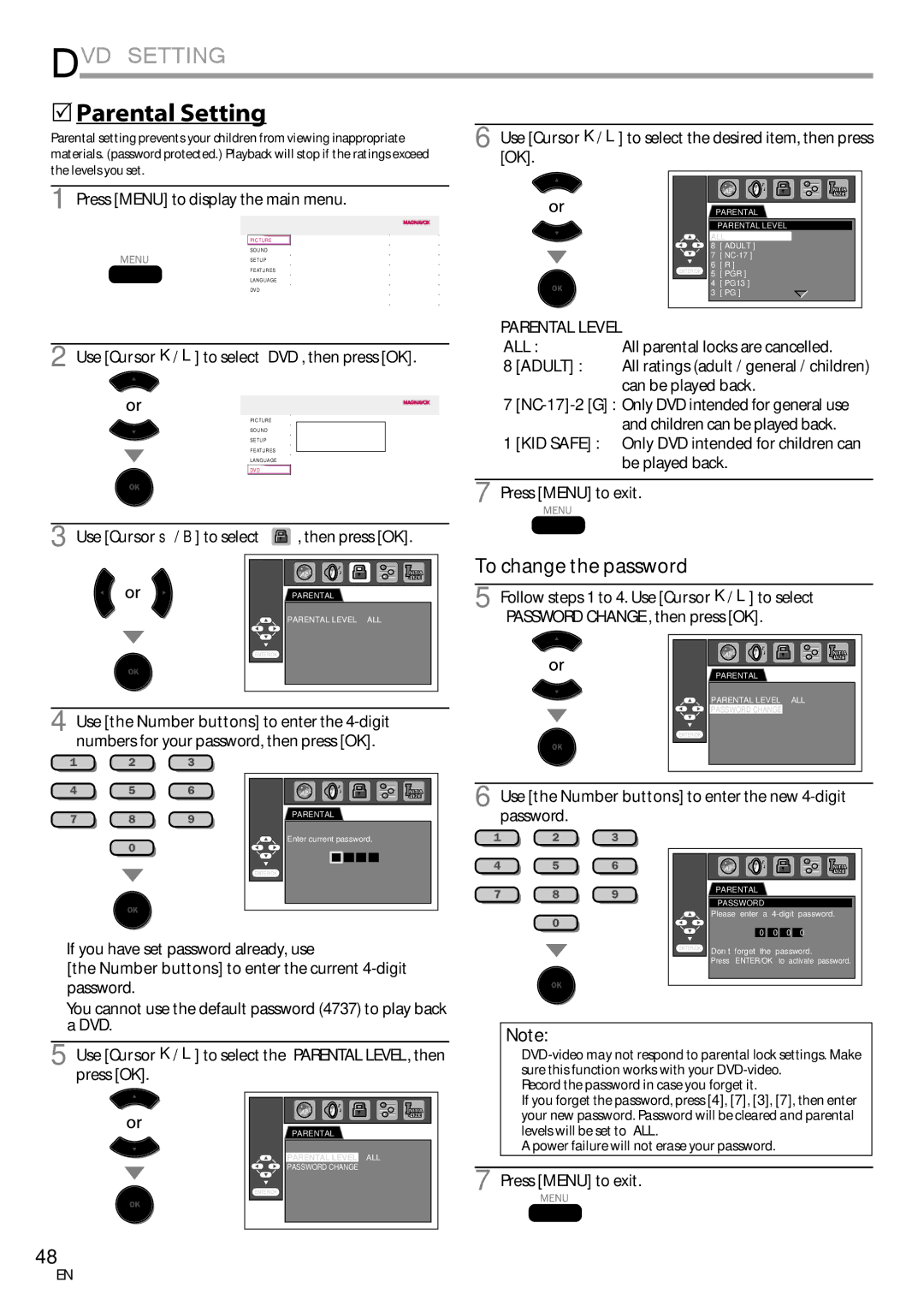 Magnavox 19MD359B user manual 5Parental Setting, If you have set password already, use, Parental Level 