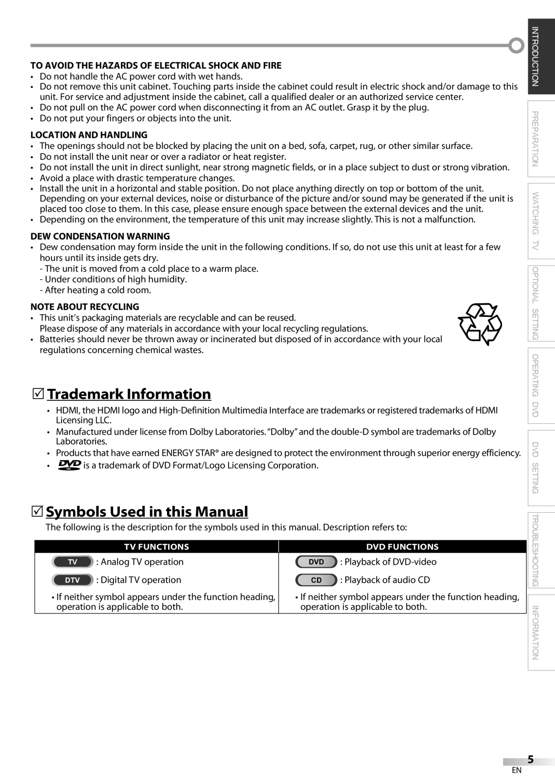 Magnavox 19MD359B 5Trademark Information, 5Symbols Used in this Manual, To Avoid the Hazards of Electrical Shock and Fire 