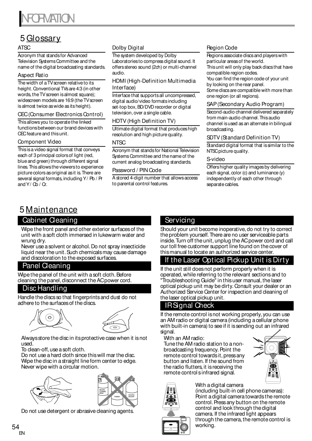 Magnavox 19MD359B user manual Information, Glossary, Maintenance, Ntsc 