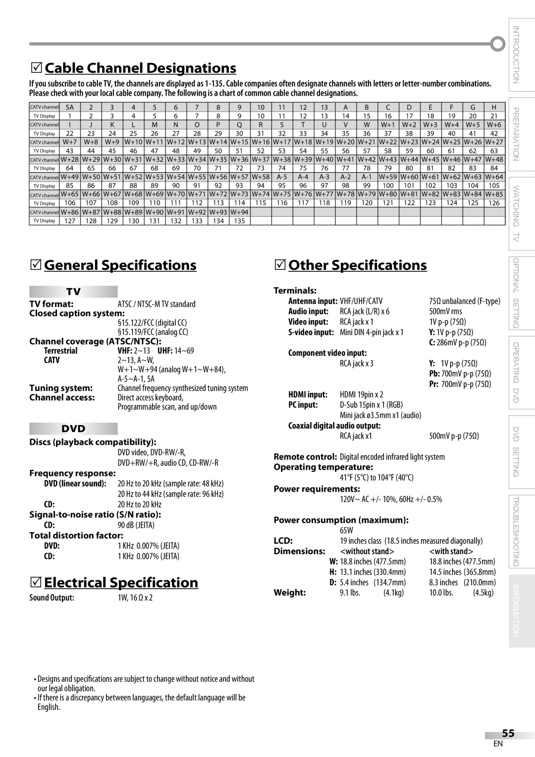 Magnavox 19MD359B 5Cable Channel Designations, 5General Specifications, 5Electrical Specification, 5Other Specifications 