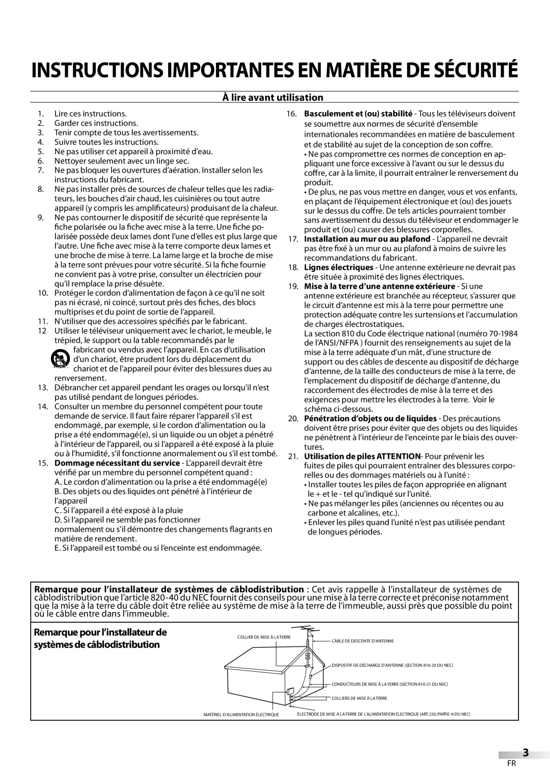 Magnavox 19MD359B user manual Instructions Importantes EN Matière DE Sécurité, Lire avant utilisation 