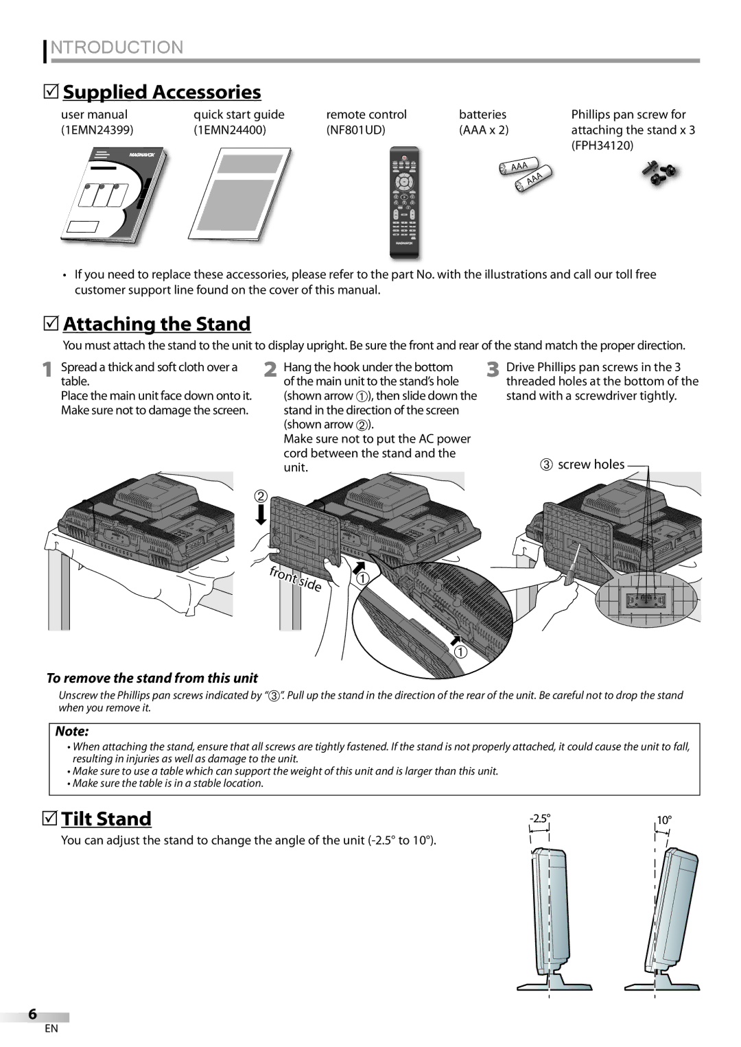 Magnavox 19MD359B user manual 5Supplied Accessories, 5Attaching the Stand, Tilt Stand, To remove the stand from this unit 