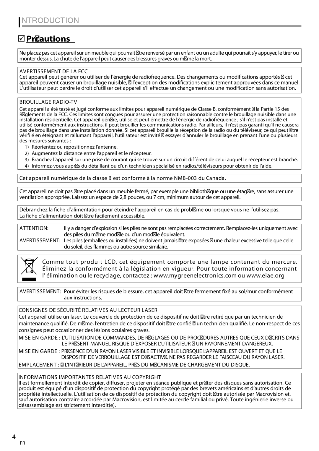 Magnavox 19MD359B user manual Précautions, Avertissement DE LA FCC, Brouillage RADIO-TV 