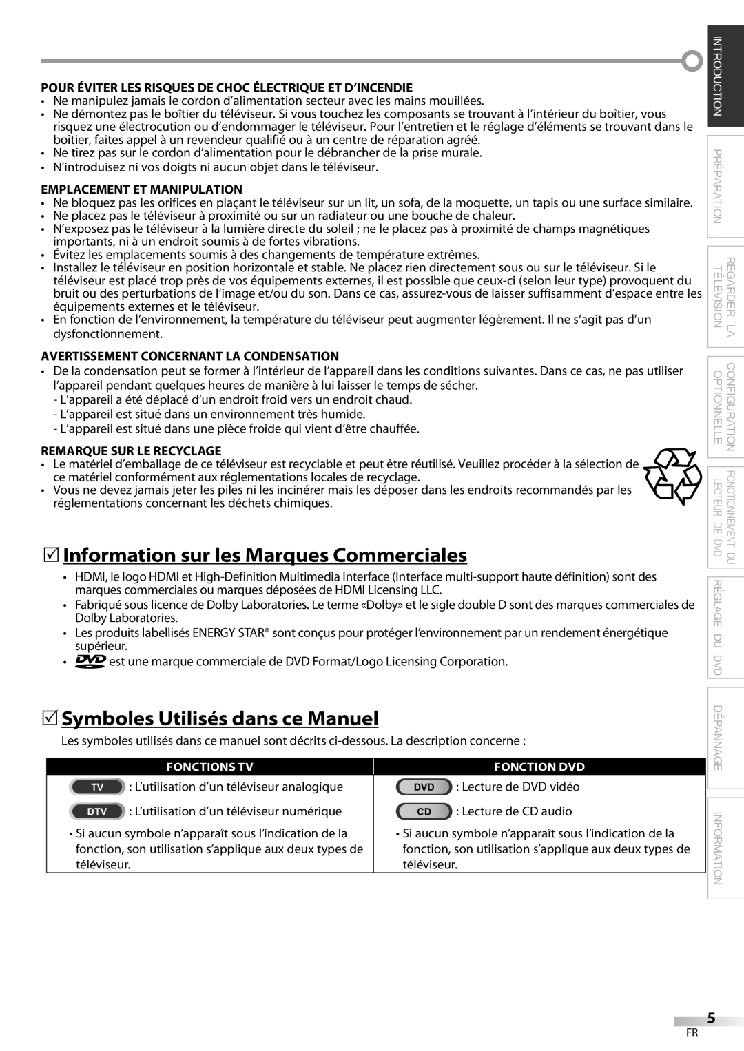 Magnavox 19MD359B user manual 5Information sur les Marques Commerciales, 5Symboles Utilisés dans ce Manuel 