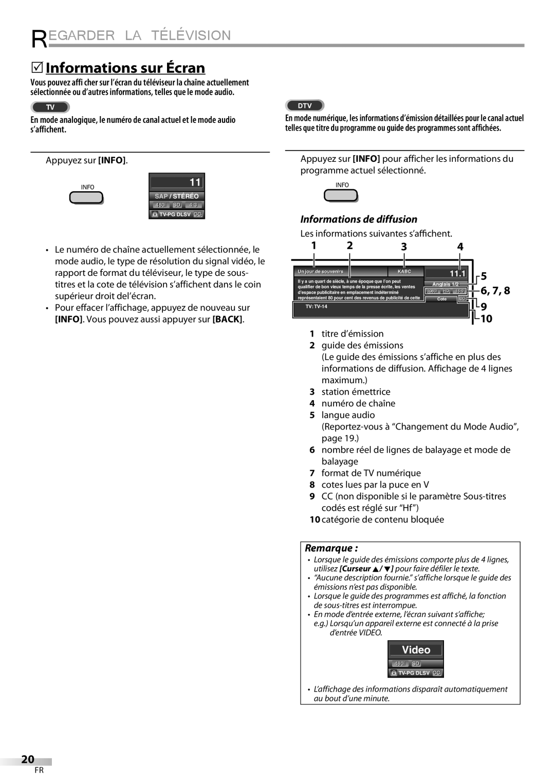 Magnavox 19MD359B user manual 5Informations sur Écran, Informations de diffusion, Appuyez sur Info, ’entrée Video 