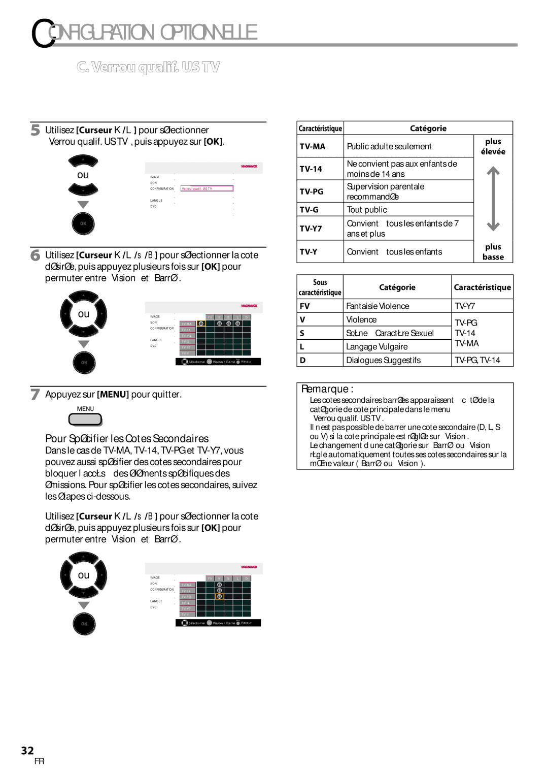 Magnavox 19MD359B user manual Verrou qualif. US TV, Pour Spécifier les Cotes Secondaires, TV-14, Sous Catégorie 