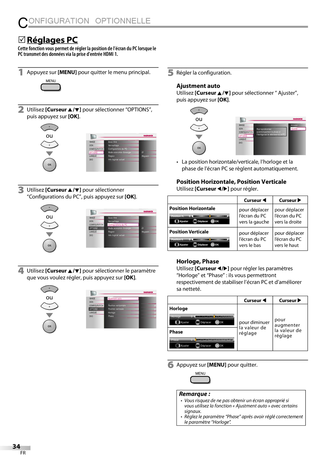 Magnavox 19MD359B user manual 5Réglages PC, Ajustment auto, Position Horizontale, Position Verticale, Horloge, Phase 