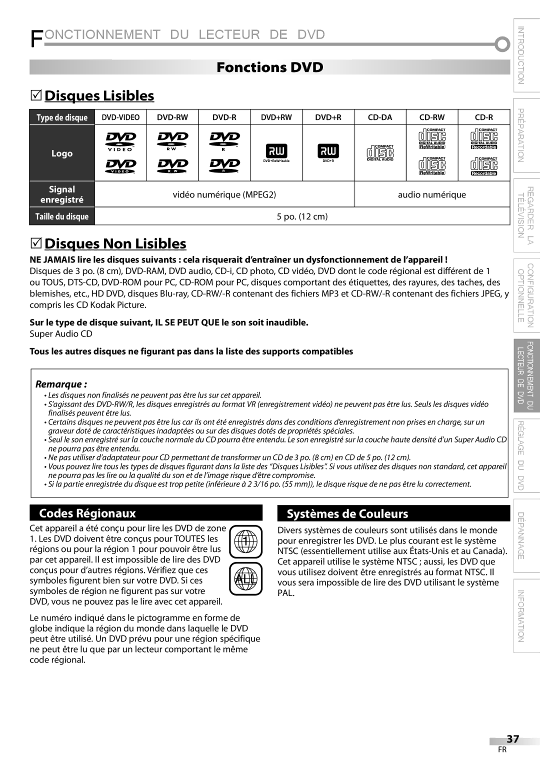 Magnavox 19MD359B Fonctionnement DU Lecteur DE DVD, Fonctions DVD 5Disques Lisibles, 5Disques Non Lisibles, Po cm 