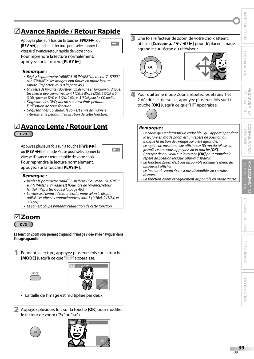 Magnavox 19MD359B 5Avance Rapide / Retour Rapide, 5Avance Lente / Retour Lent, Touche OK jusqu’à ce que HF apparaisse 