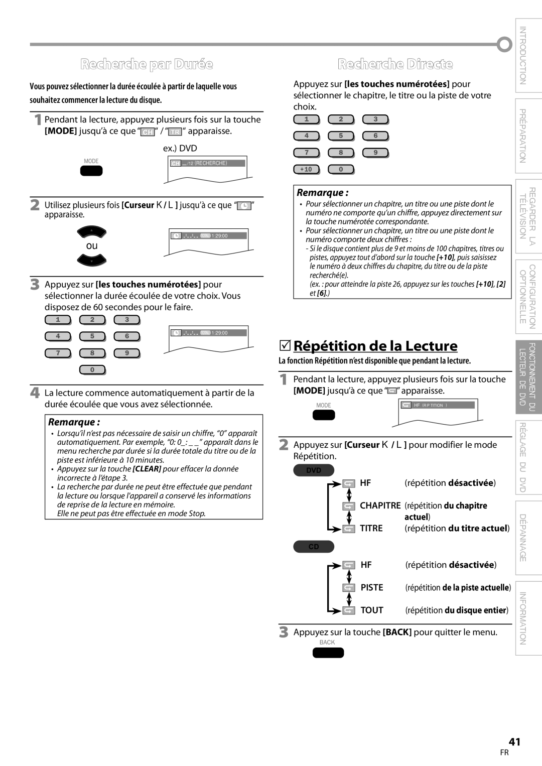 Magnavox 19MD359B user manual Recherche par Durée, Recherche Directe, 5Répétition de la Lecture 