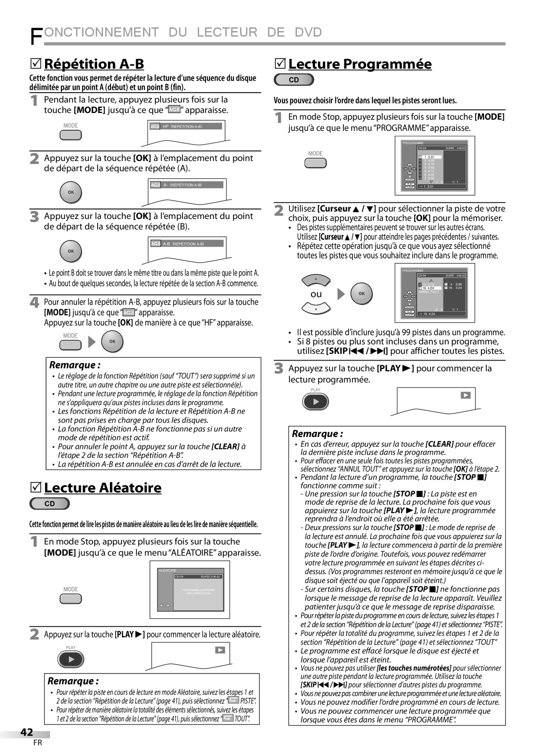 Magnavox 19MD359B user manual 5Répétition A-B, 5Lecture Programmée, 5Lecture Aléatoire 