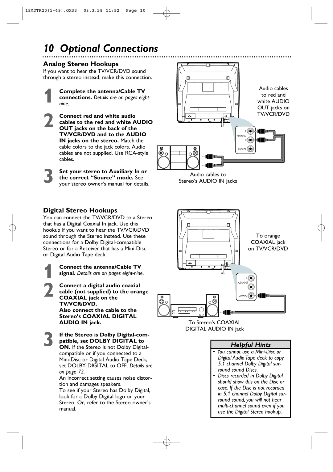 Magnavox 19MDTR20 owner manual Optional Connections, Analog Stereo Hookups, Digital Stereo Hookups 