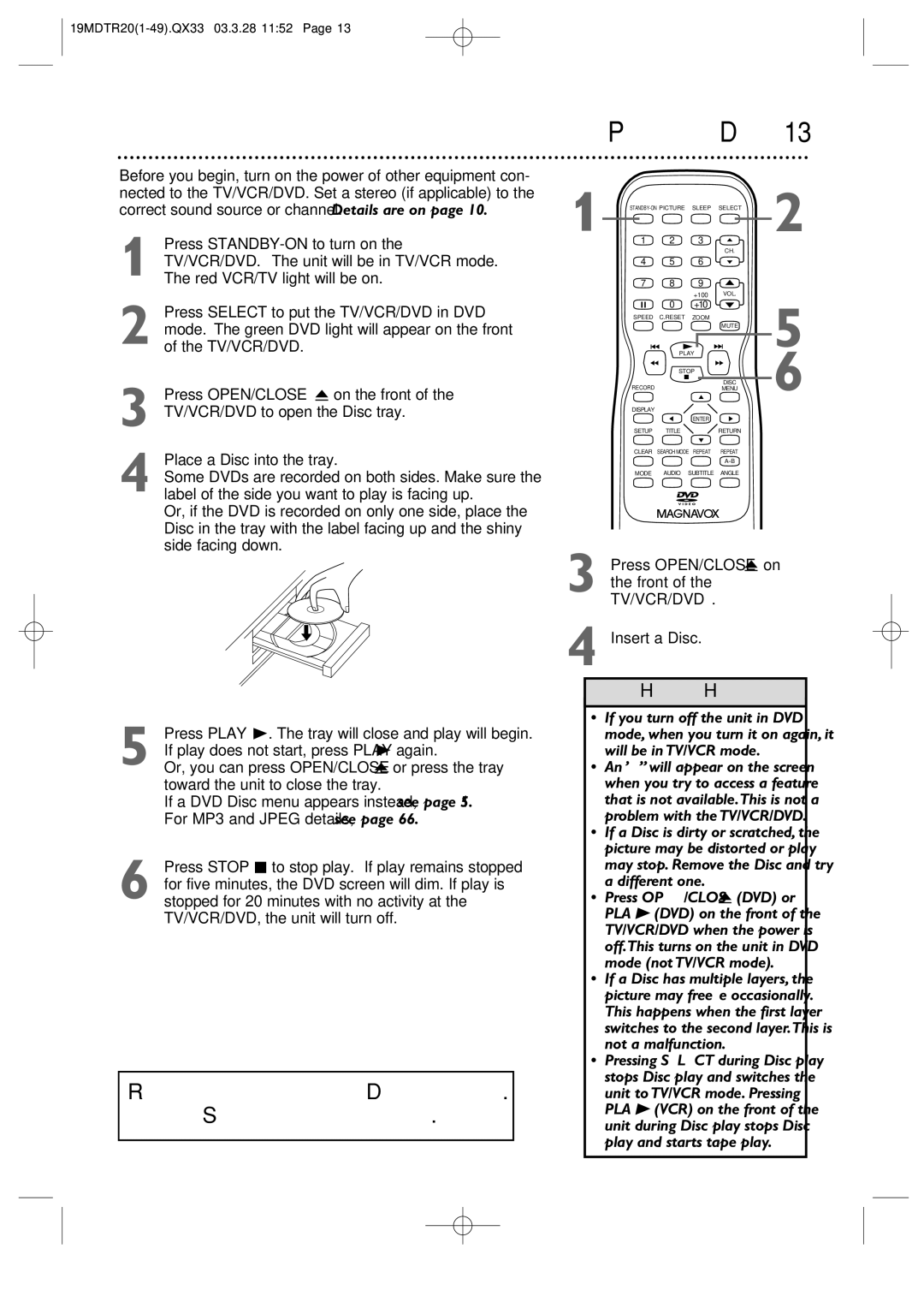 Magnavox 19MDTR20 owner manual Playing a Disc 