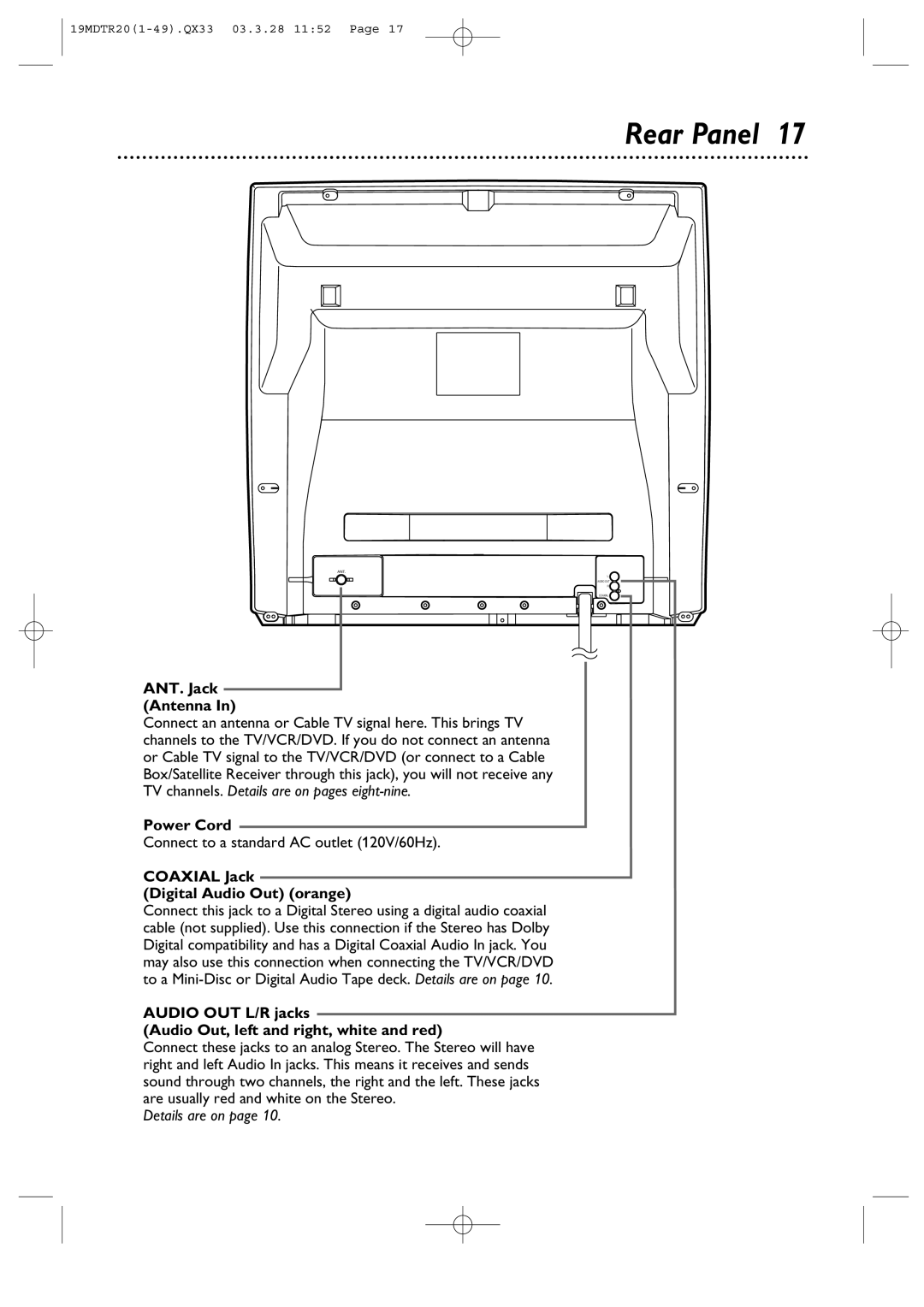 Magnavox 19MDTR20 owner manual Rear Panel, ANT. Jack Antenna, Power Cord, Connect to a standard AC outlet 120V/60Hz 