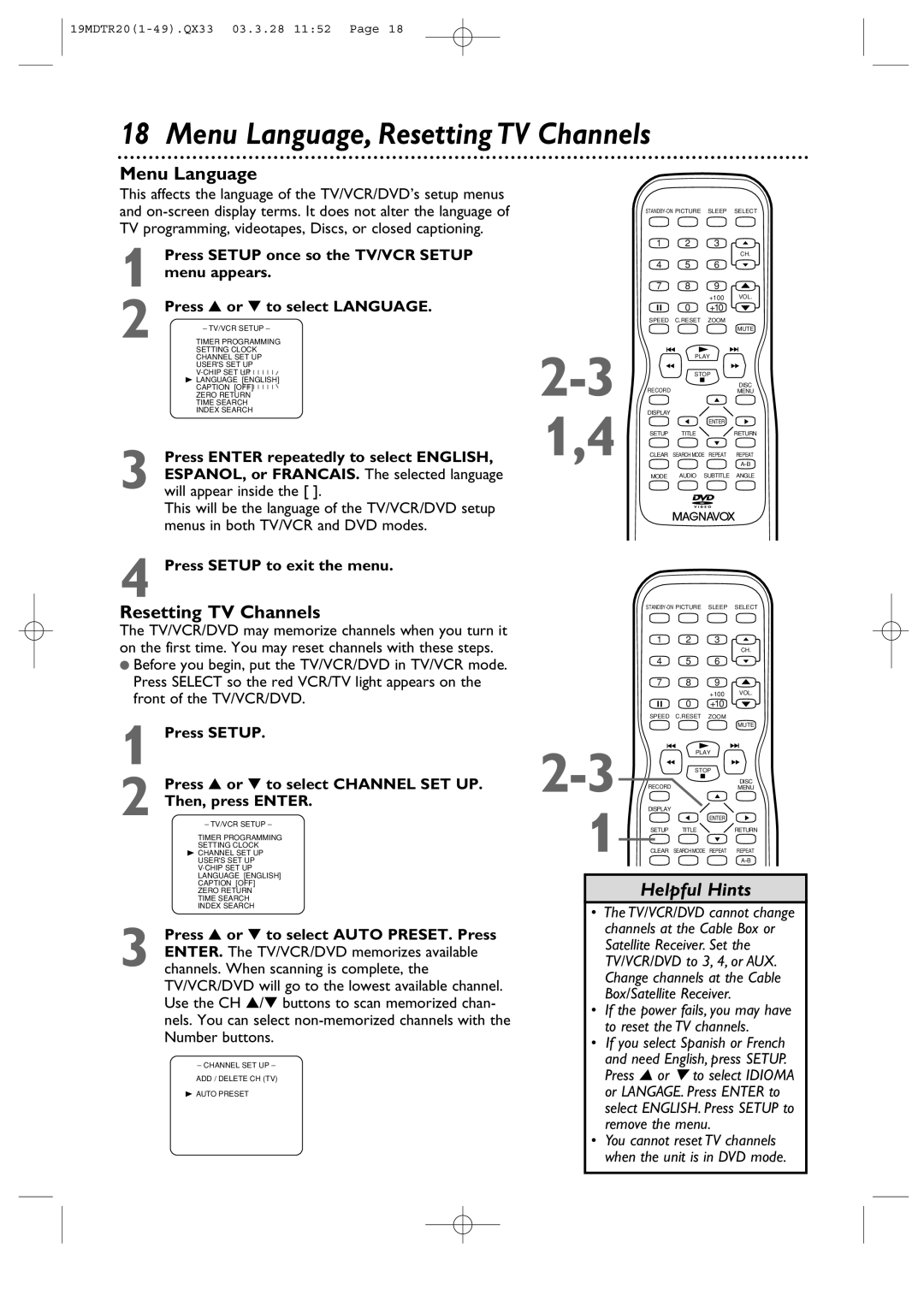 Magnavox 19MDTR20 owner manual Menu Language, Resetting TV Channels, Press Setup to exit the menu 