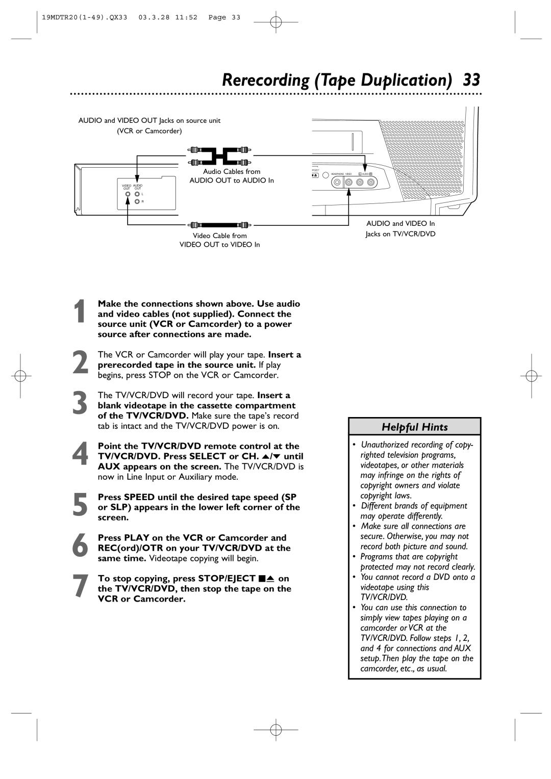 Magnavox 19MDTR20 owner manual Rerecording Tape Duplication 