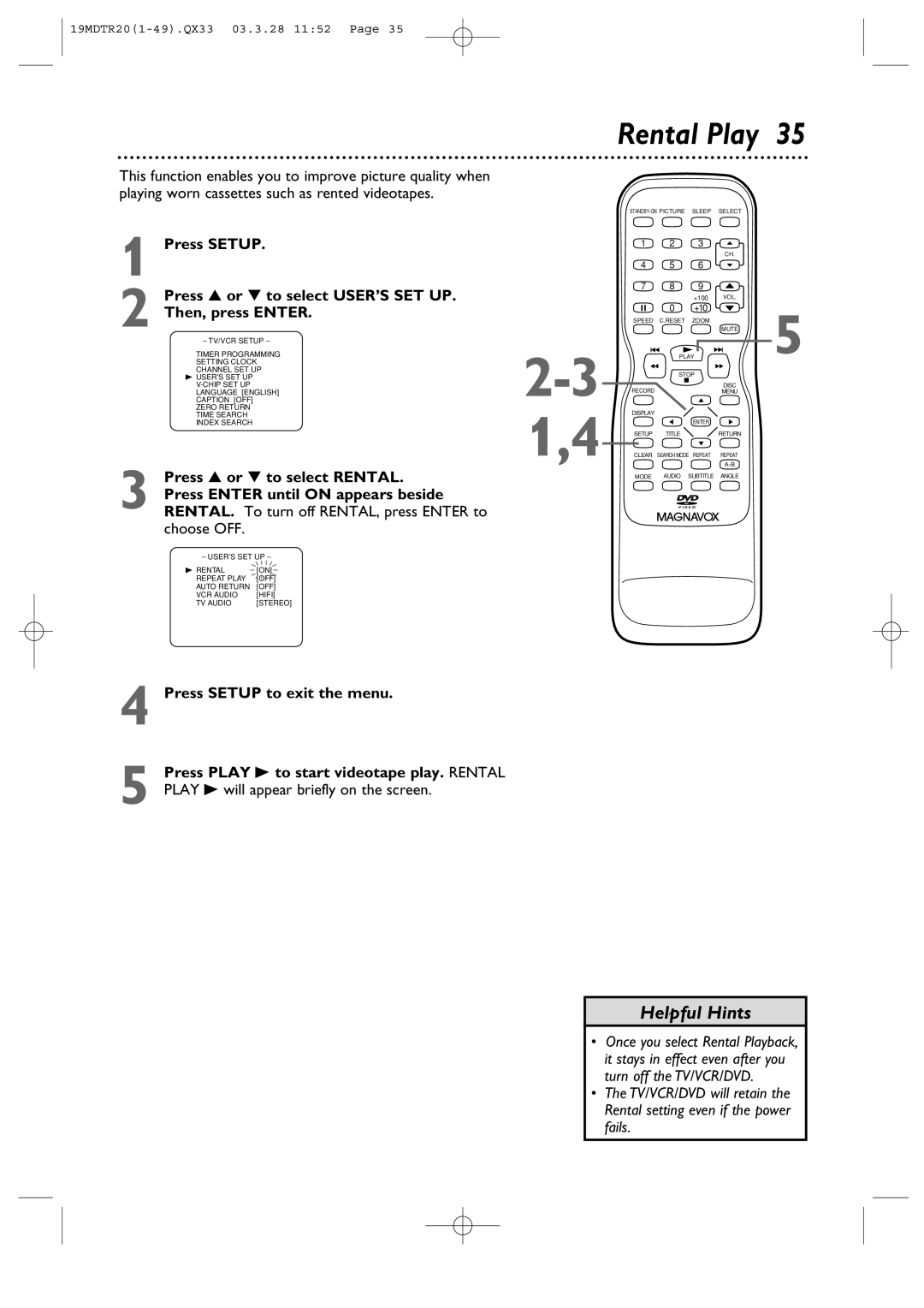 Magnavox 19MDTR20 owner manual Rental Play, Press or to select Rental, Press Enter until on appears beside, Choose OFF 