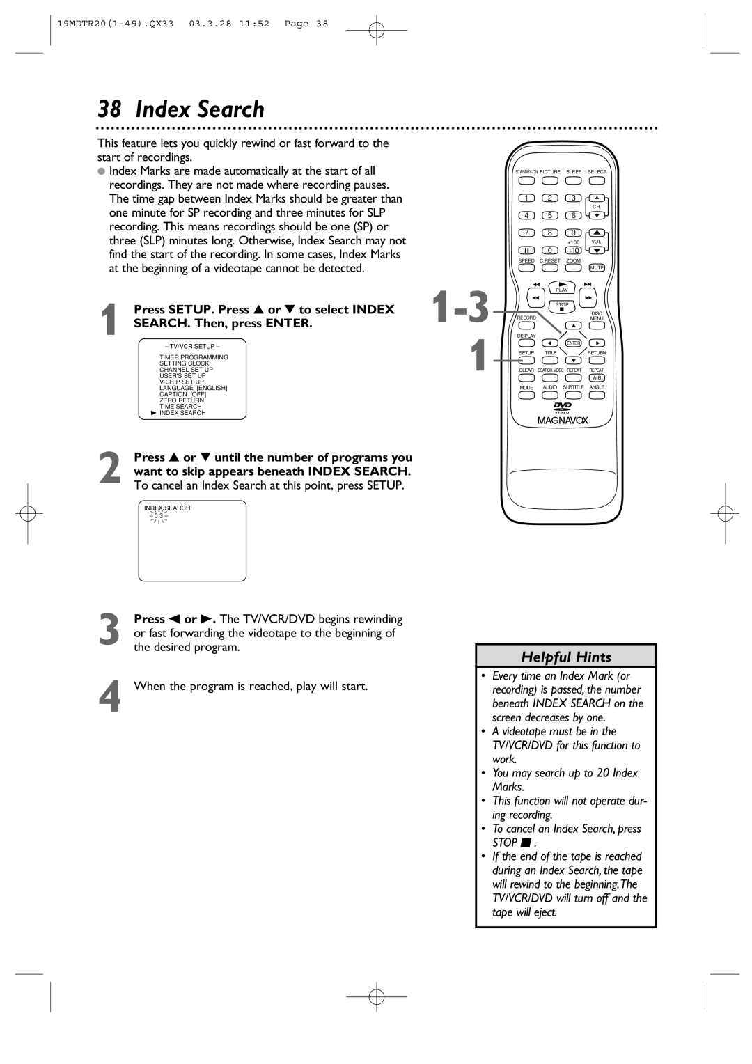 Magnavox 19MDTR20 owner manual Index Search 0 