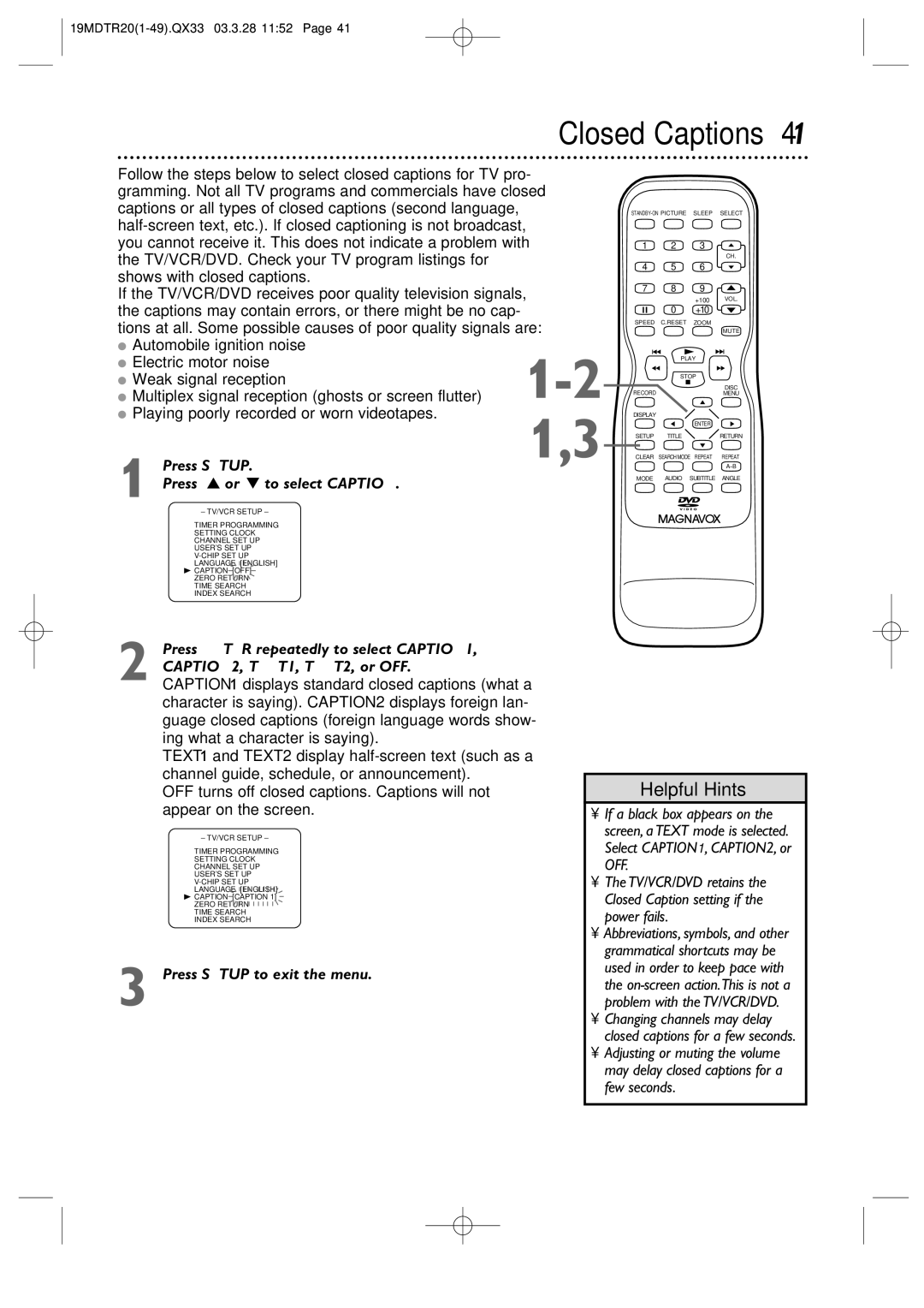 Magnavox 19MDTR20 owner manual Closed Captions, Press Setup Press or to select Caption 