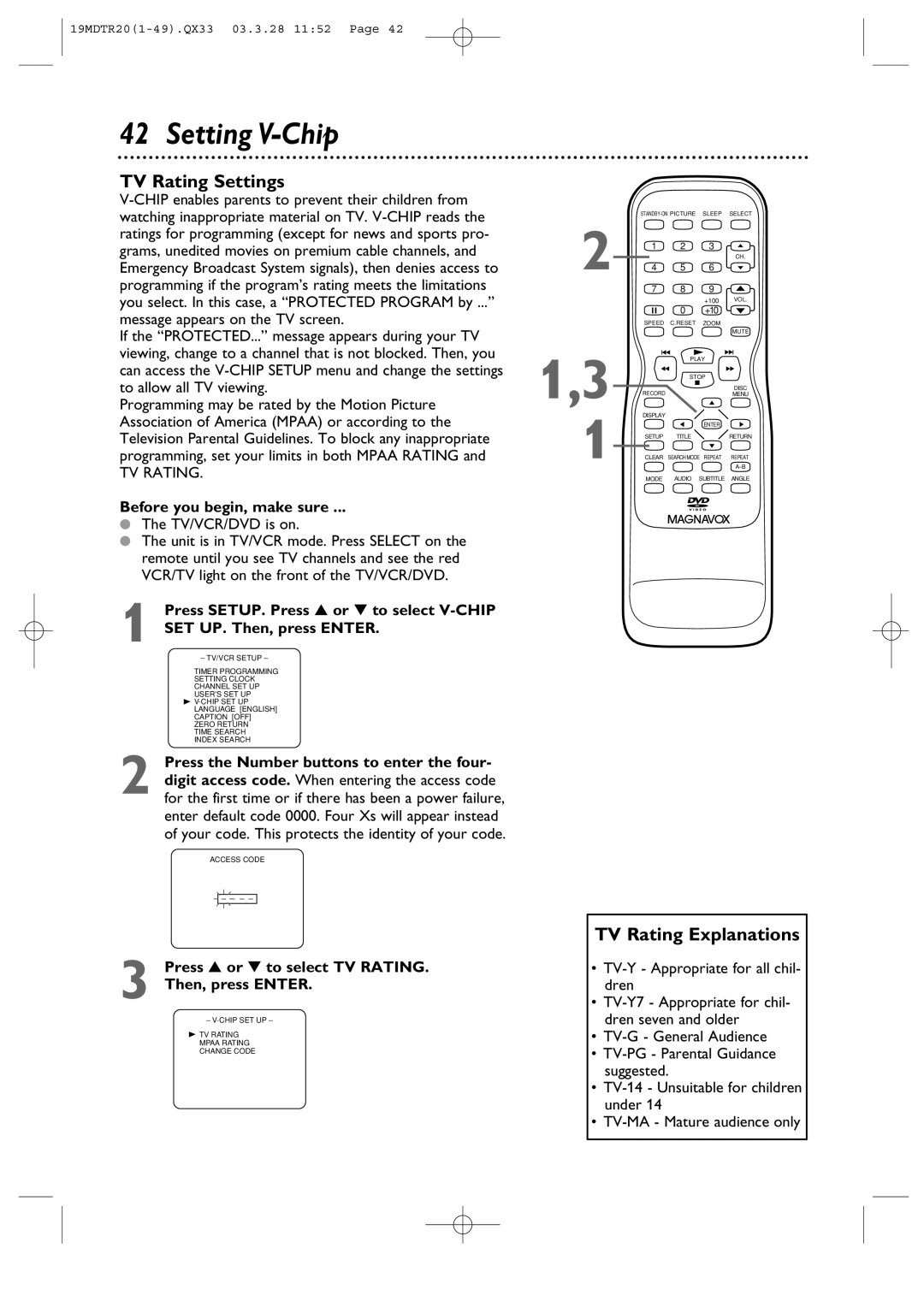 Magnavox 19MDTR20 owner manual Setting V-Chip, TV Rating Settings, TV Rating Explanations, TV/VCR/DVD is on 