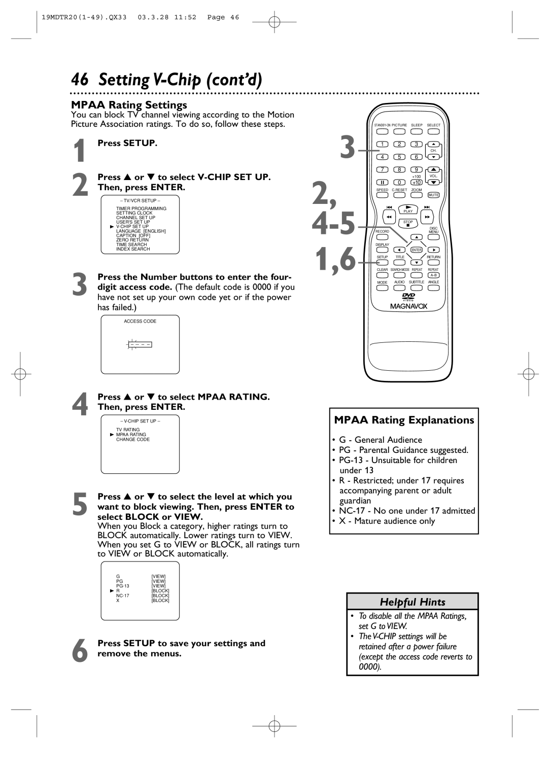 Magnavox 19MDTR20 Mpaa Rating Settings, Mpaa Rating Explanations, Press or to select Mpaa Rating Then, press Enter 